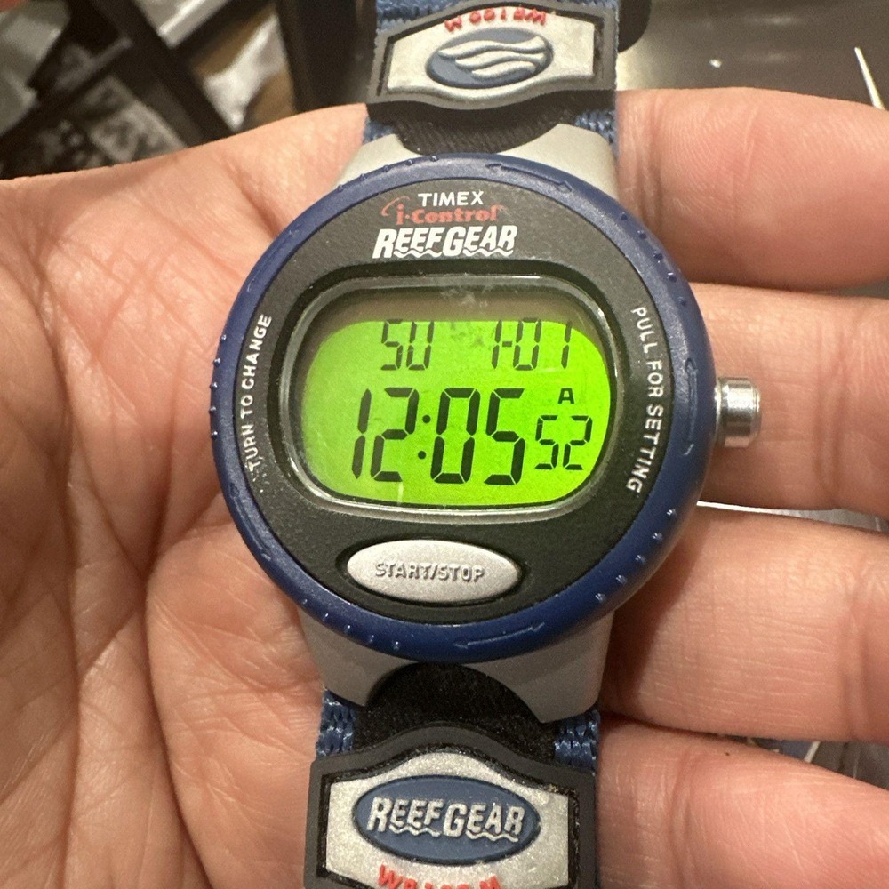 Works Timex Reefgear Men Digital Watch‎ Blue Plastic Nylon Chron Alarm Date 100m